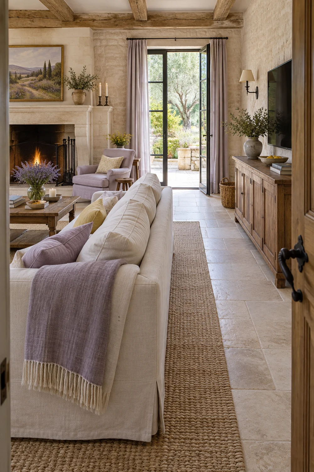 French country family room with a walkway between the sofa and chestnut television cabinet
