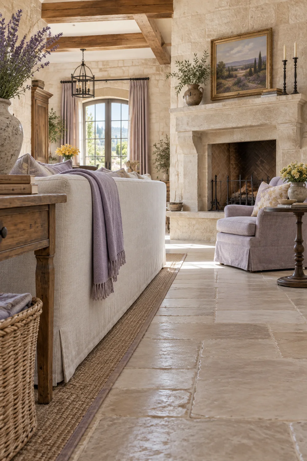 French country family room with an open walkway behind a linen sofa