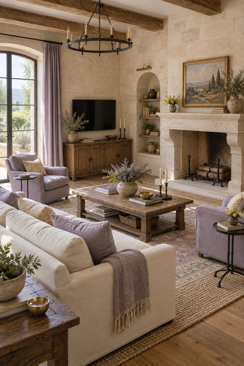 French country seating arranged between a side wall television and stone fireplace