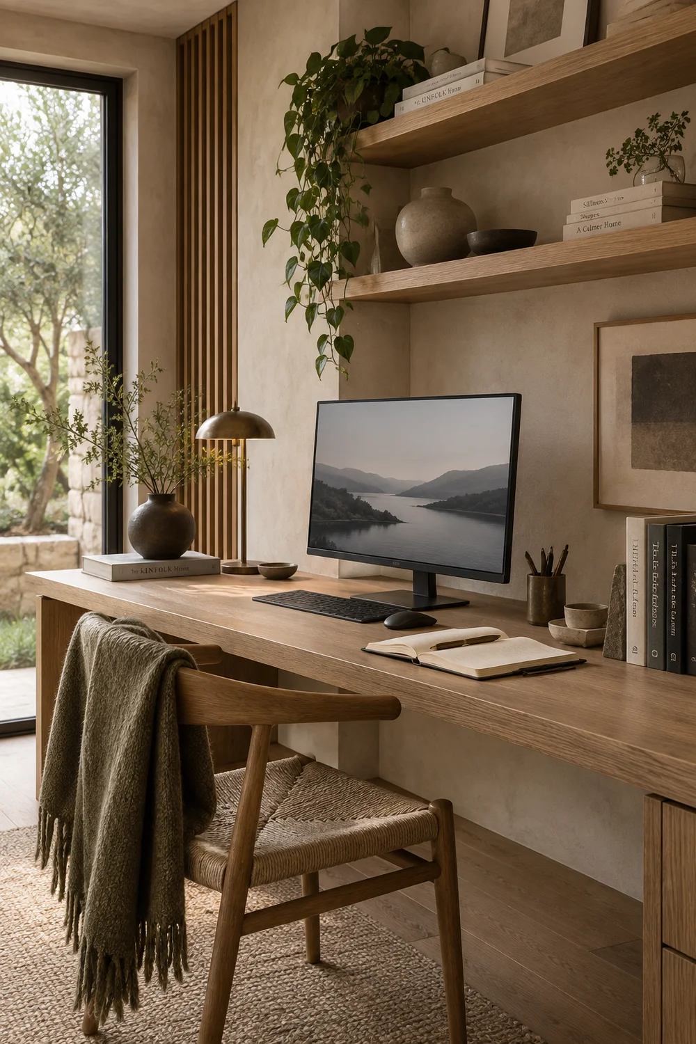 Generous Japandi study surface arranged for focused work