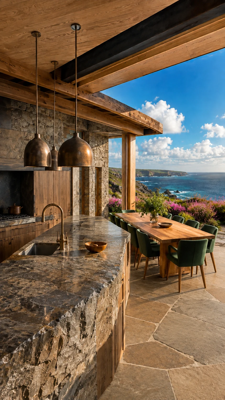 Granite and oak kitchen dining room overlooking the Atlantic