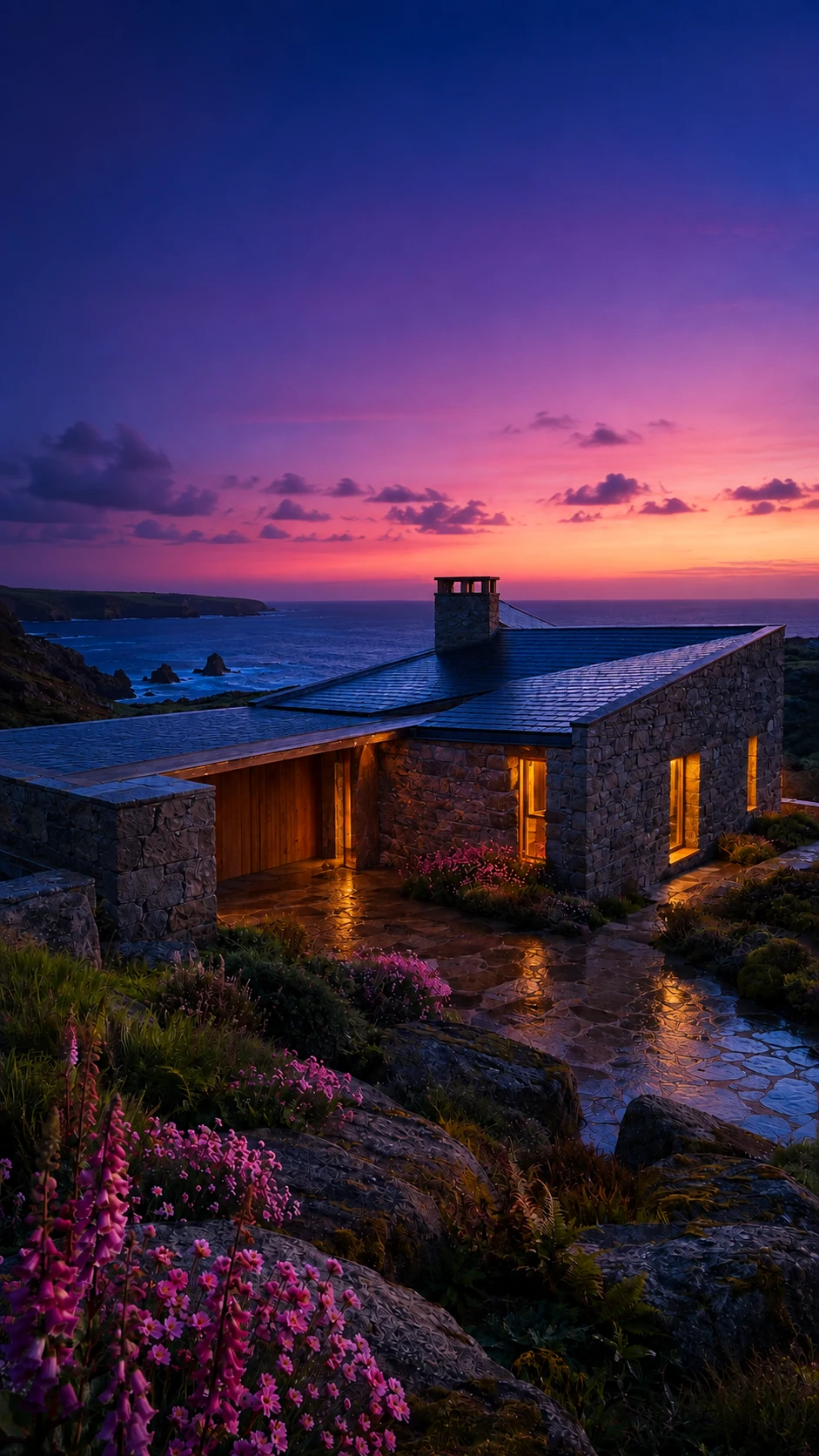 Granite coastal cottage glowing at dusk above blue violet Atlantic water