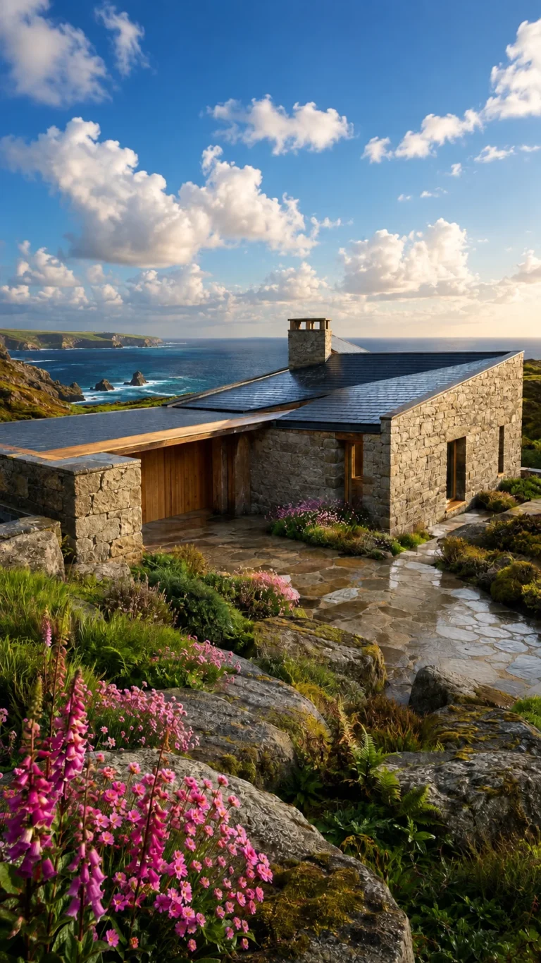 Granite coastal cottage on the West Penwith headland above vivid Atlantic water