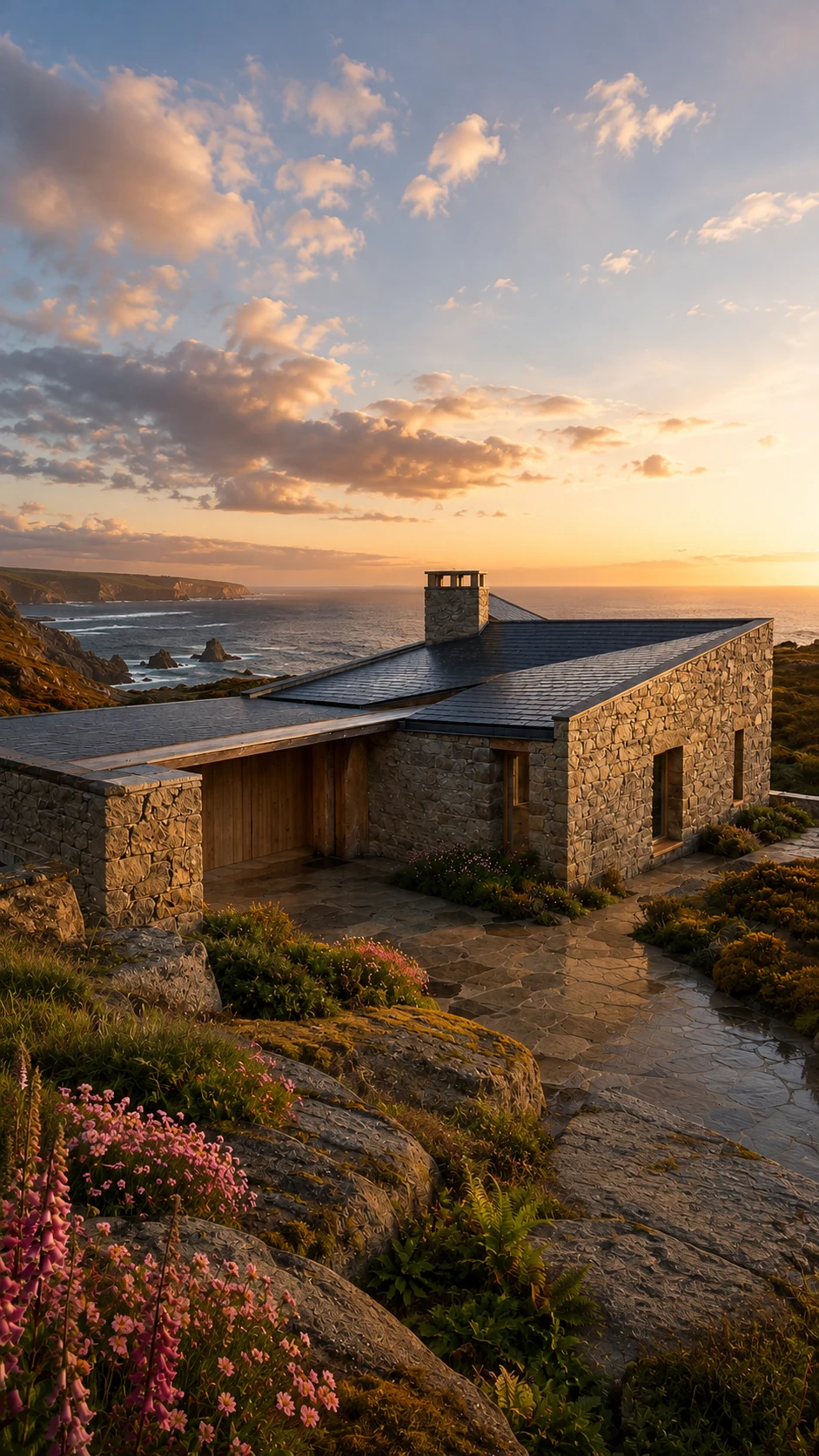 Granite cottage at warm sunset