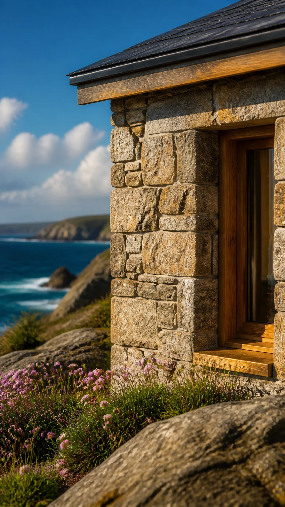 Granite exterior window with cobalt sea