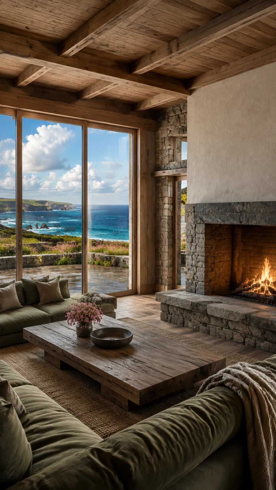 Granite hearth and green velvet living room