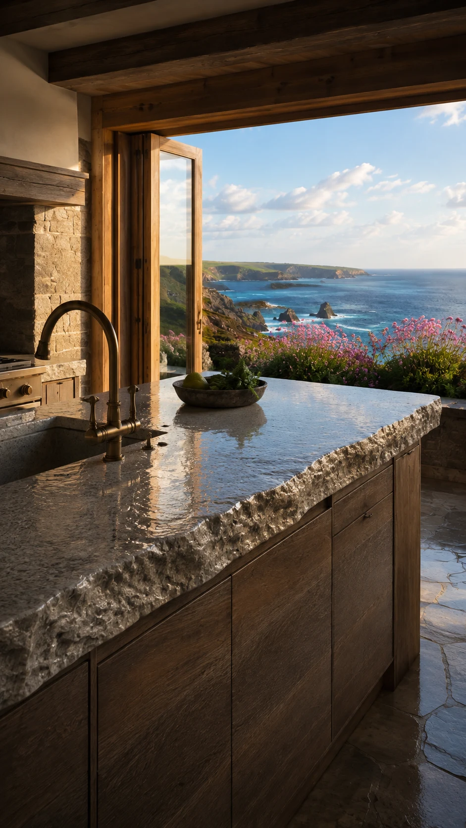 Granite kitchen island and Atlantic view