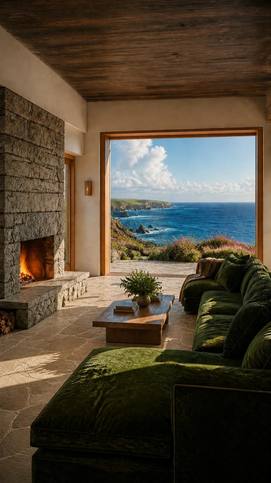 Granite living room with moss green sofa and Atlantic view