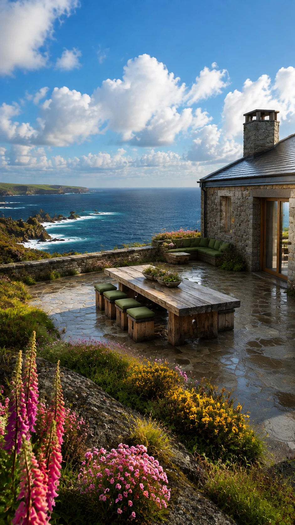 Granite terrace with coastal planting looking across cobalt Atlantic water