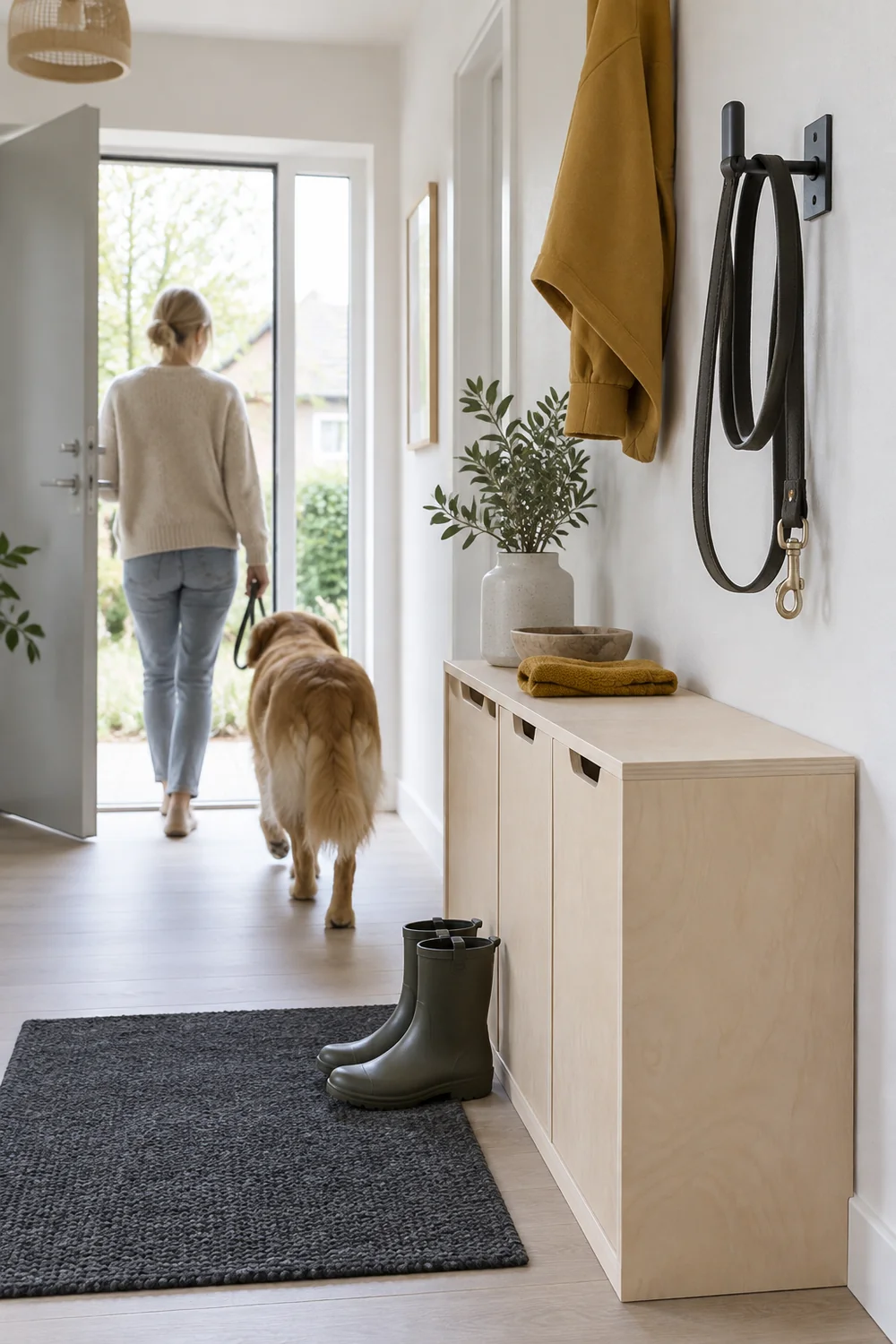 Graphite dog lead hook against chalk wall beside pale birch storage