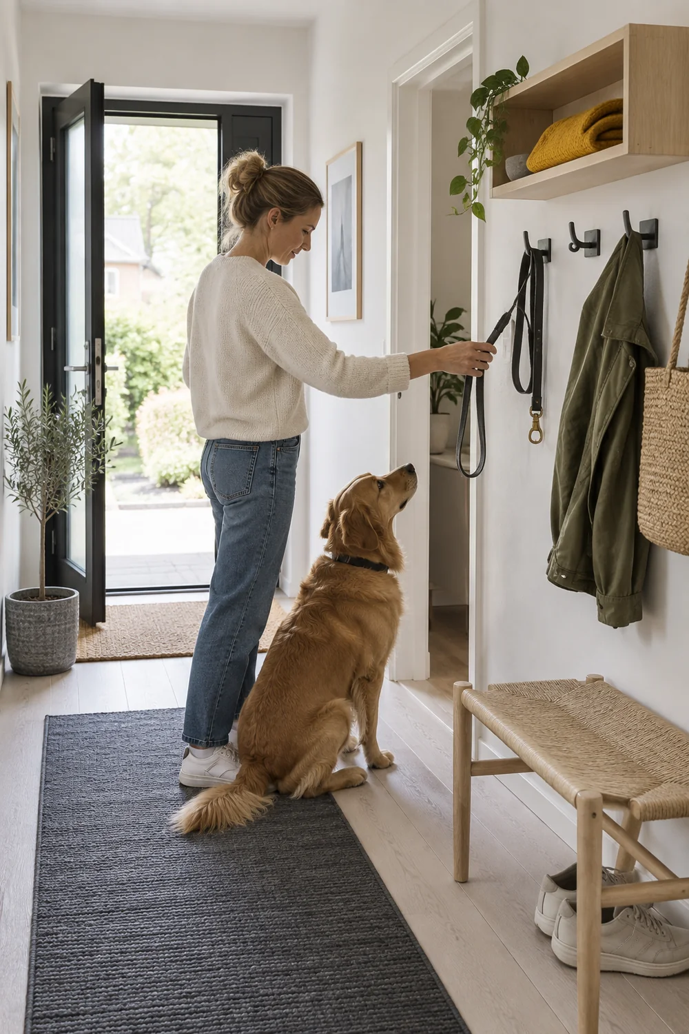Graphite lead hooks within hand reach of door and folded saffron towel in shallow shelf