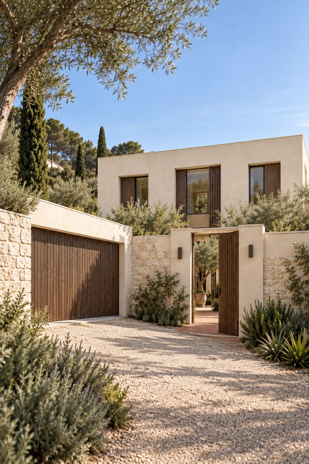 Gravel driveway approaching the timber garage door beside Mediterranean planting at Casa del Pati