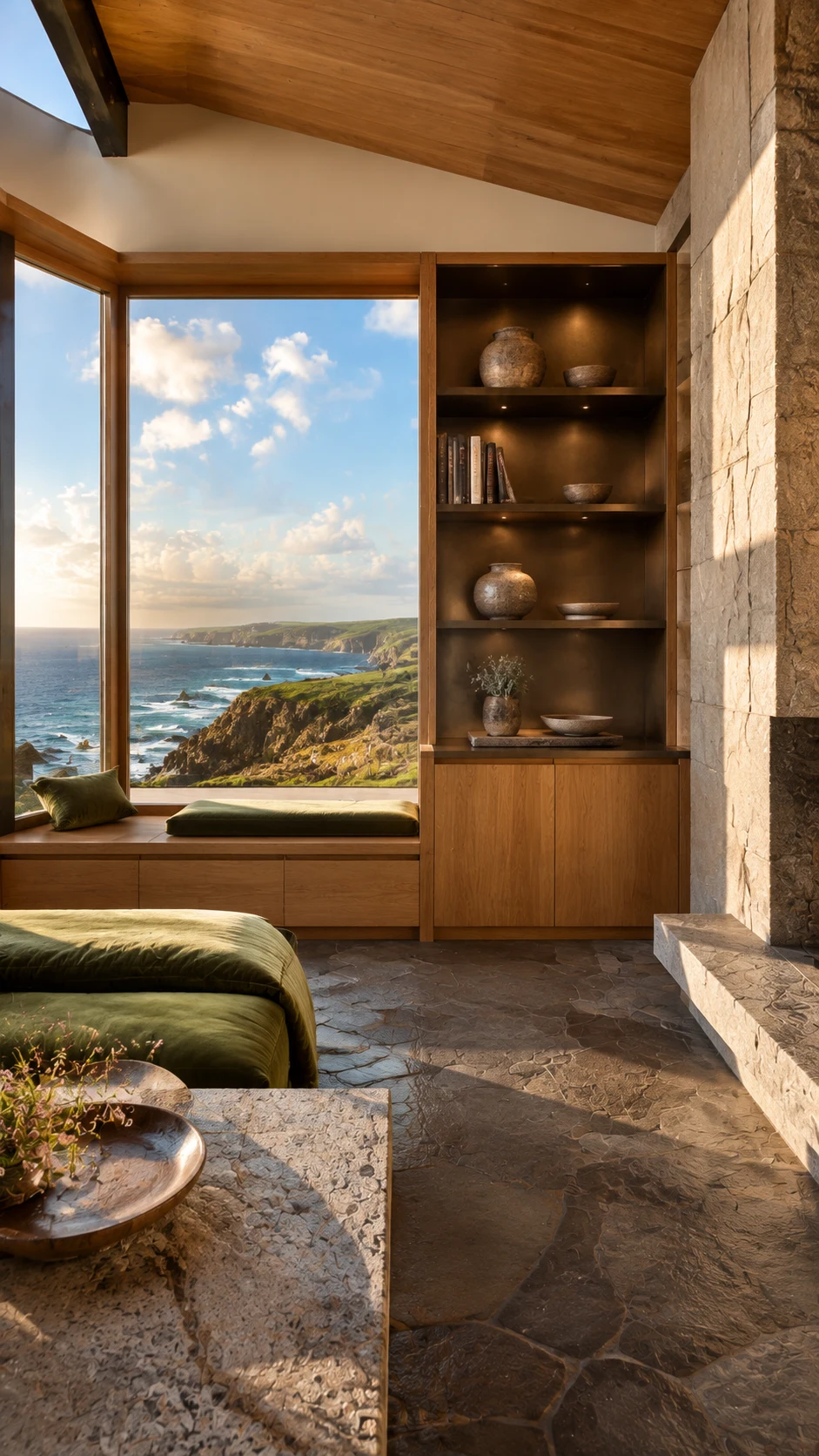 Green velvet living room and open sea