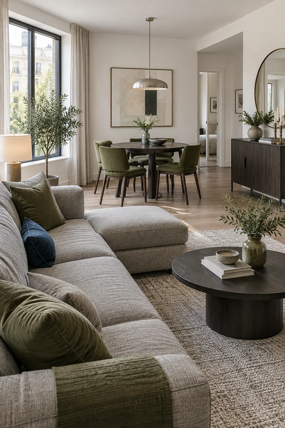 Grey sofa and dark dining table with repeated green accents in an apartment