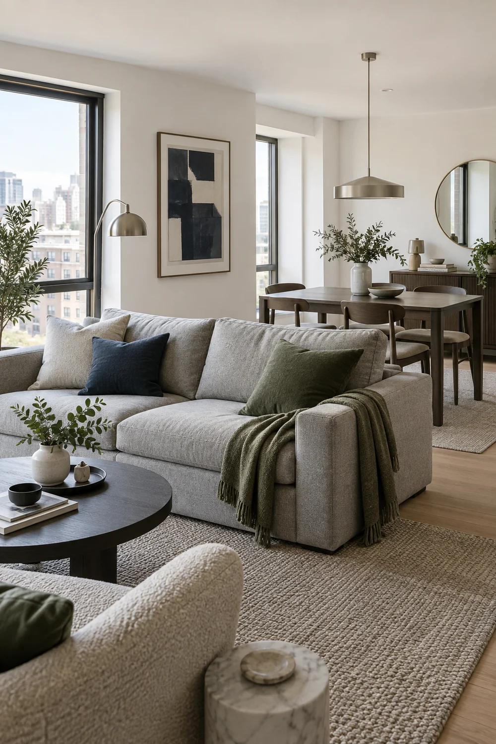 Grey sofa back defining a dining area without a room divider