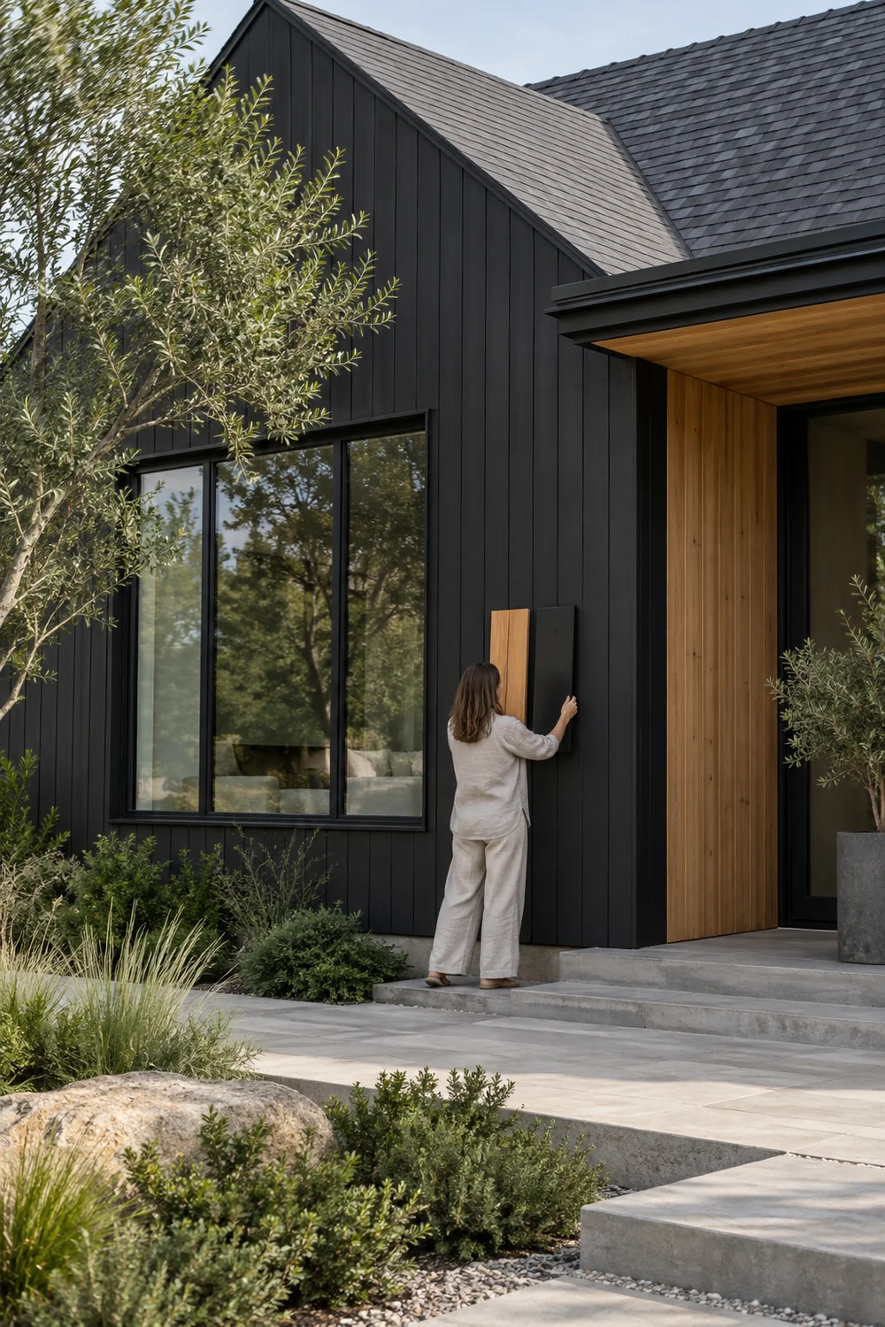 Homeowner comparing black cladding and cedar samples against an existing facade