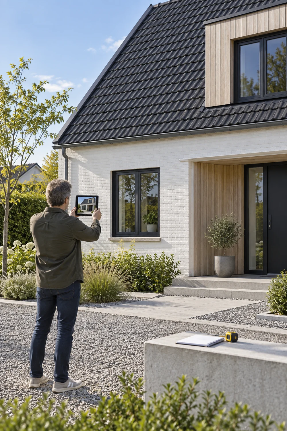 Homeowner photographing an existing house before a Scandinavian exterior renovation