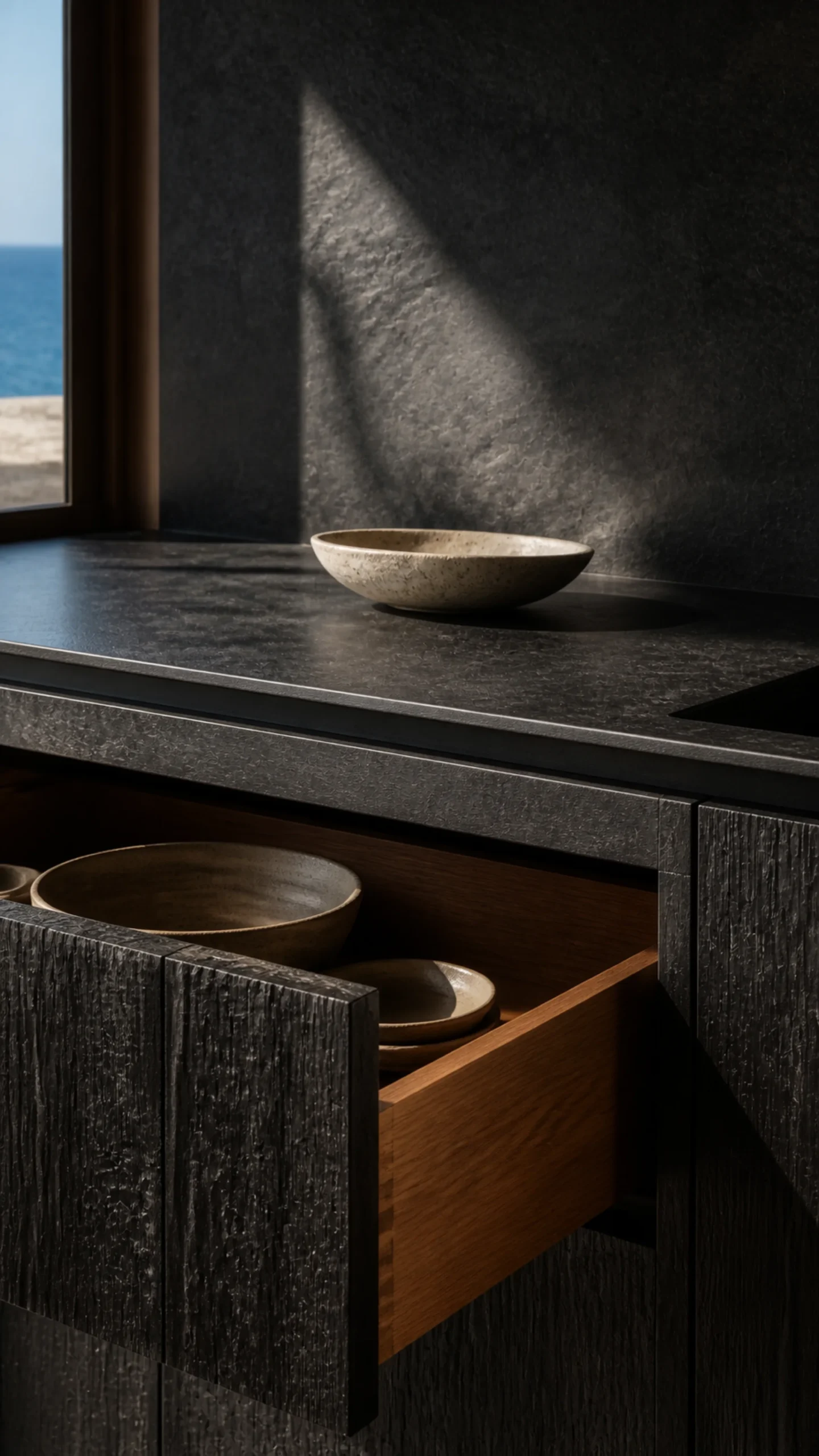 Honed dark stone black cedar and handmade ceramic detail in the Aegean kitchen An original fictional editorial architecture study of material landscape light and spatial atmosphere