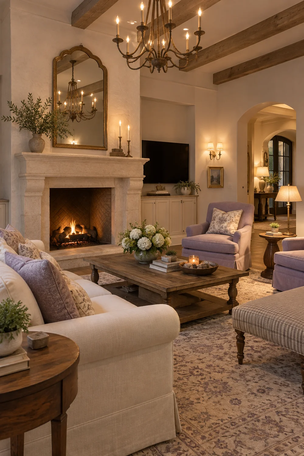 Illuminated French country family room with reading lamp clear route and fireplace after dark
