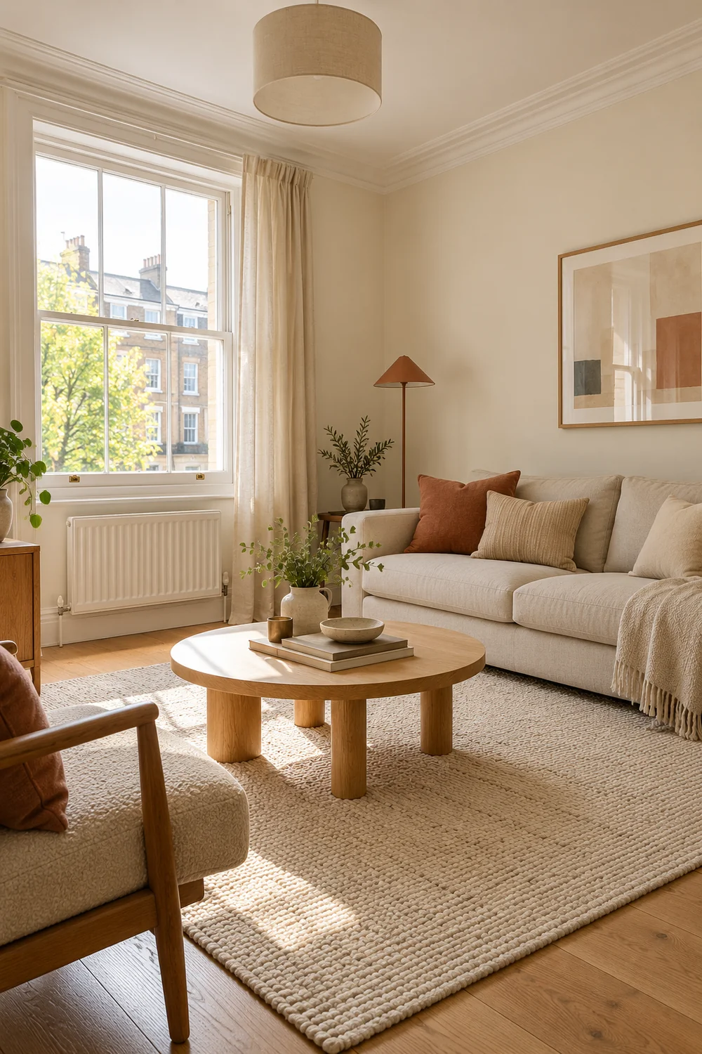 Inherited window and fixed ceiling light in a warm living room