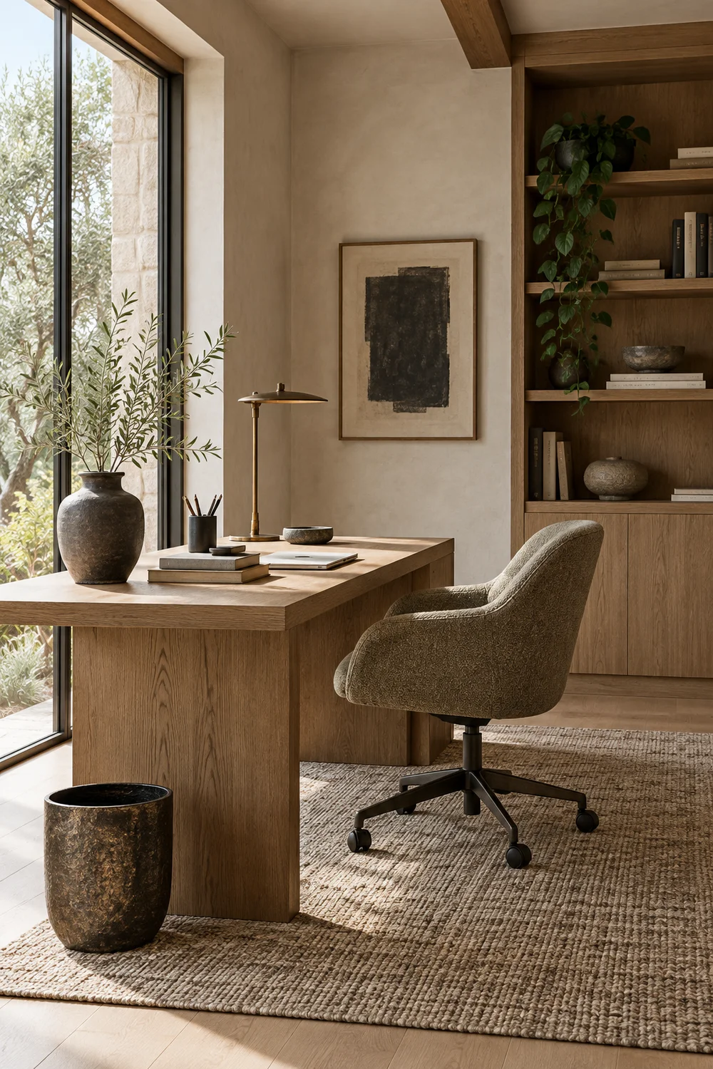 Japandi desk positioned beside a window for balanced daylight