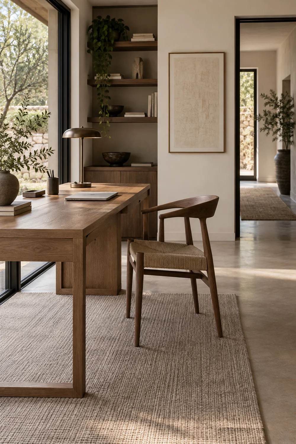 Japandi desk sized to preserve comfortable room circulation