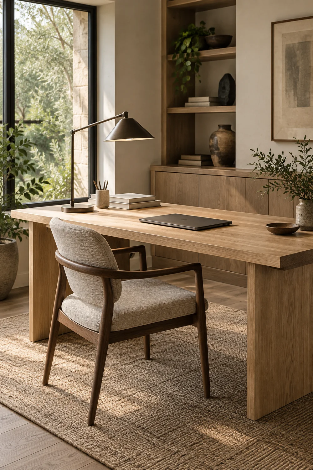Japandi desk with a clear surface and warm natural light