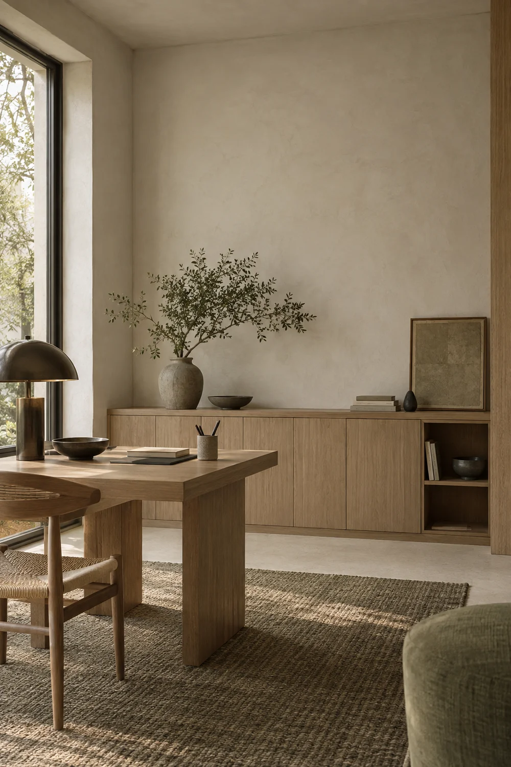Japandi home office storage with closed cabinets and one open shelf