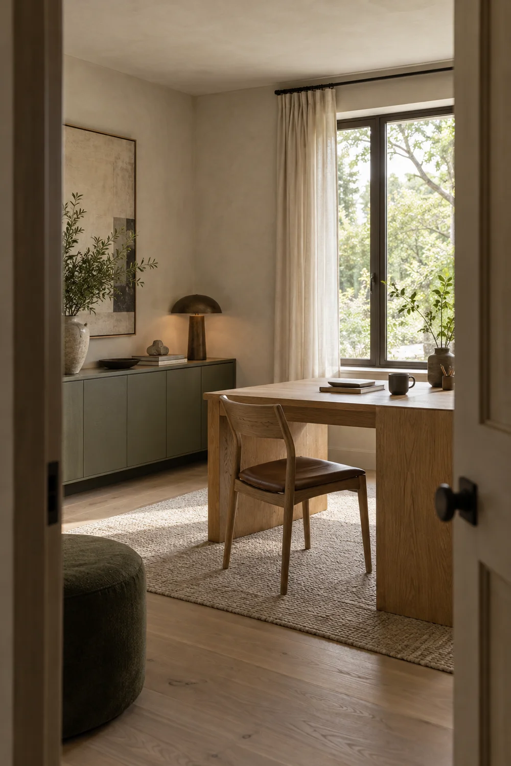 Japandi home office viewed through a doorway with a pale oak desk