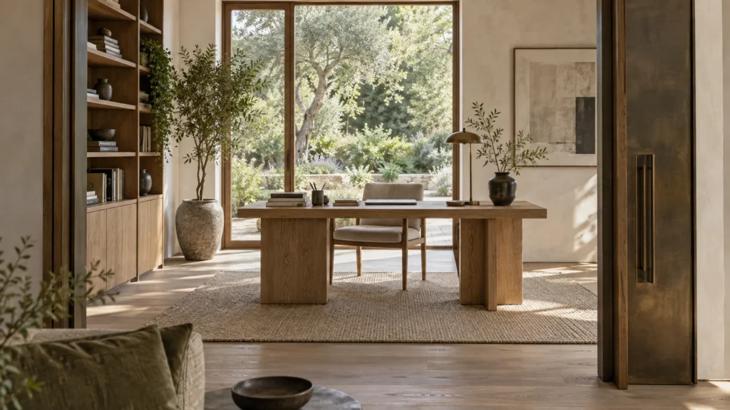 Japandi home office with a pale oak desk warm neutral walls and soft daylight