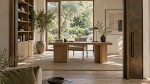 Japandi home office with a pale oak desk warm neutral walls and soft daylight