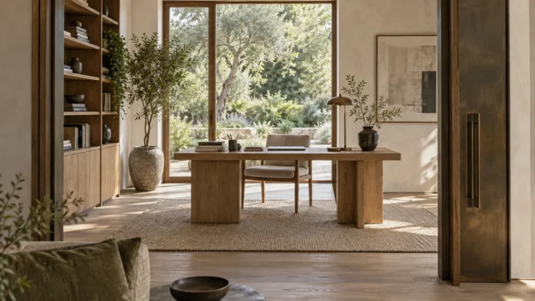 Japandi home office with a pale oak desk warm neutral walls and soft daylight