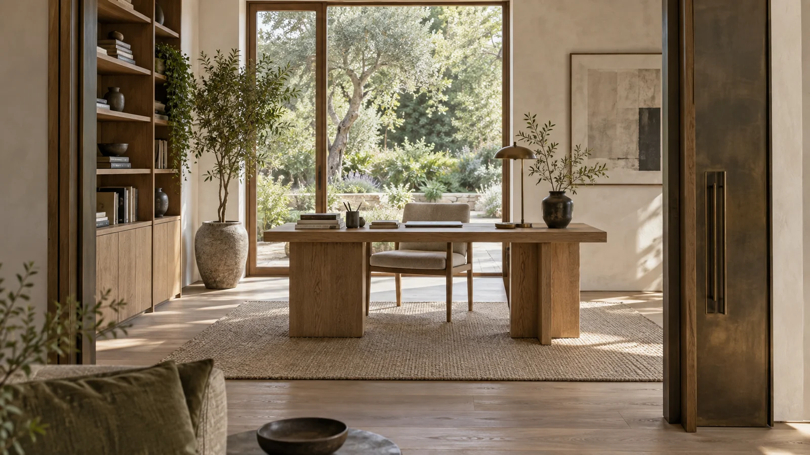 Japandi home office with a pale oak desk warm neutral walls and soft daylight
