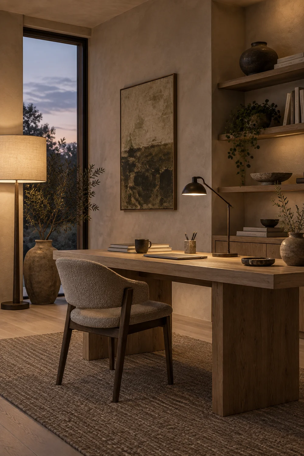 Japandi home office with warm ambient light in the evening