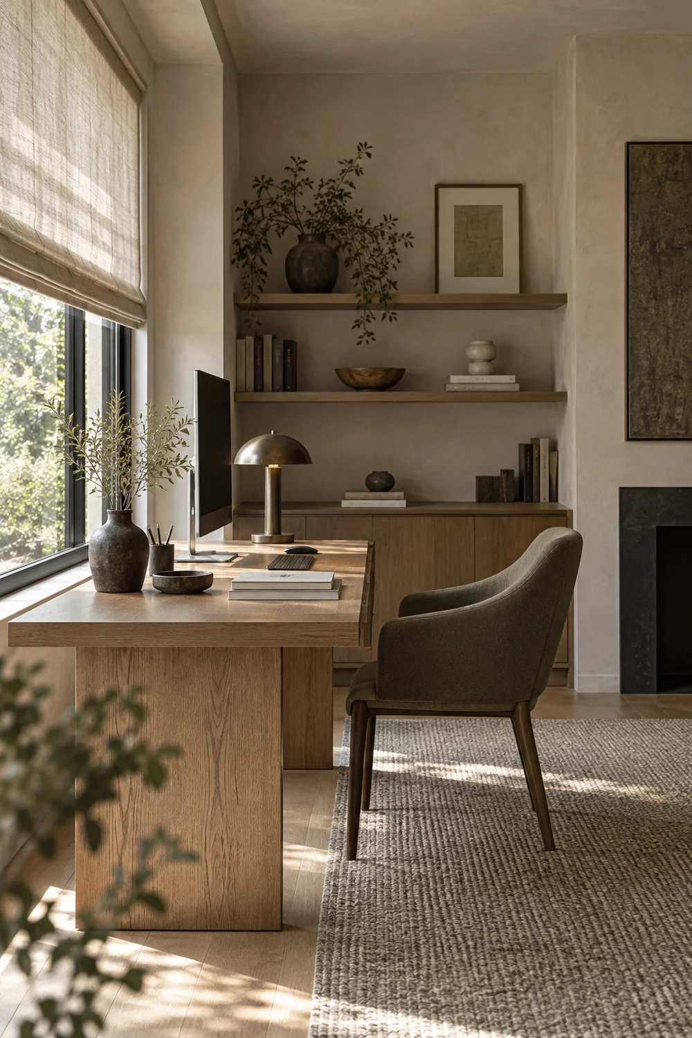 Japandi study desk placed beside soft filtered daylight