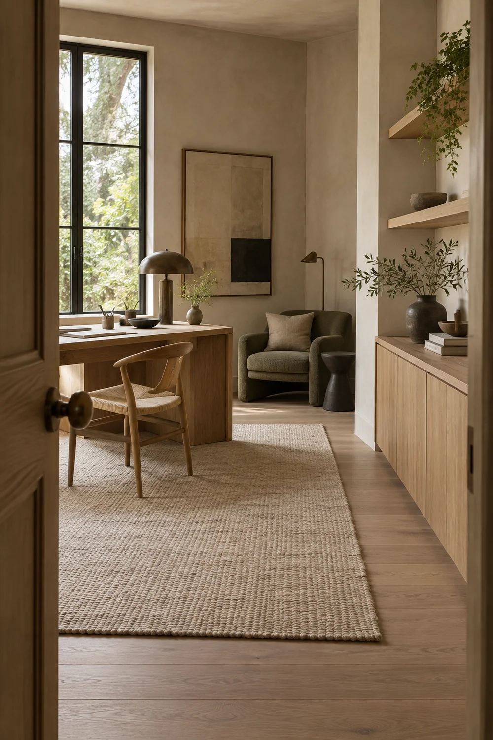 Japandi study room viewed from the doorway with clear circulation