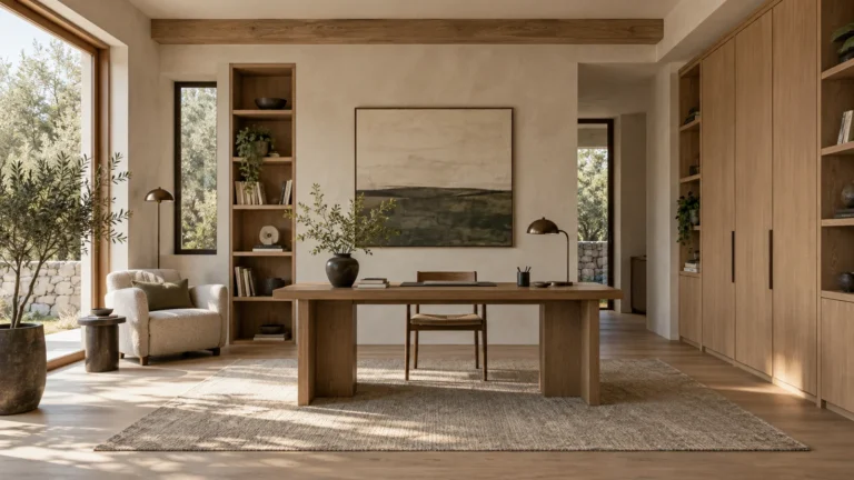 Japandi study room with pale oak joinery and a calm practical layout