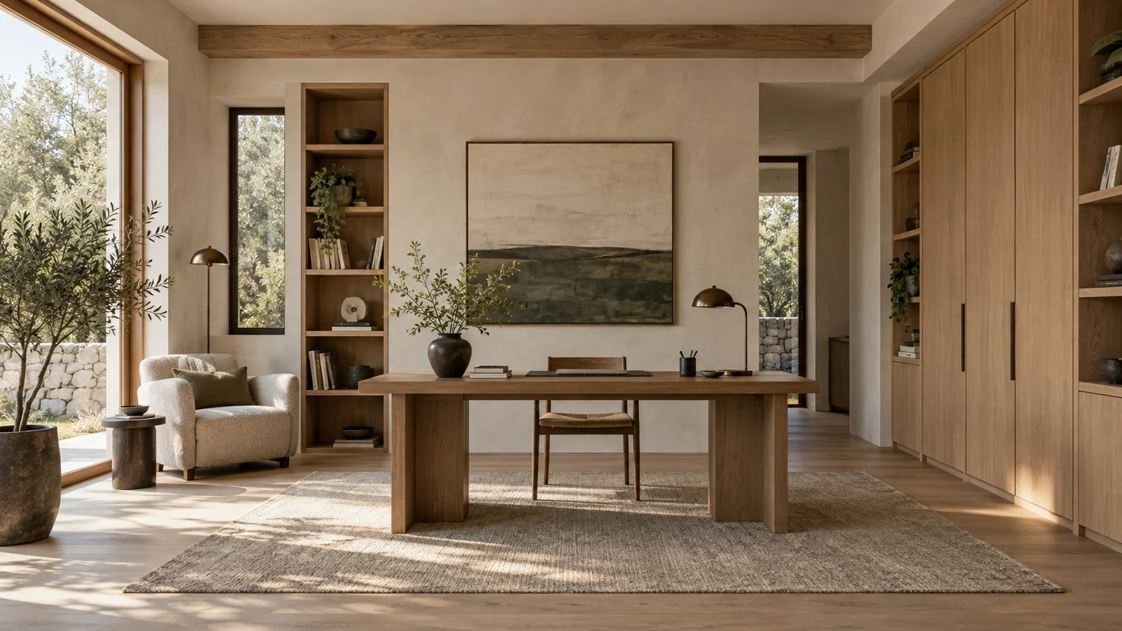 Japandi study room with pale oak joinery and a calm practical layout