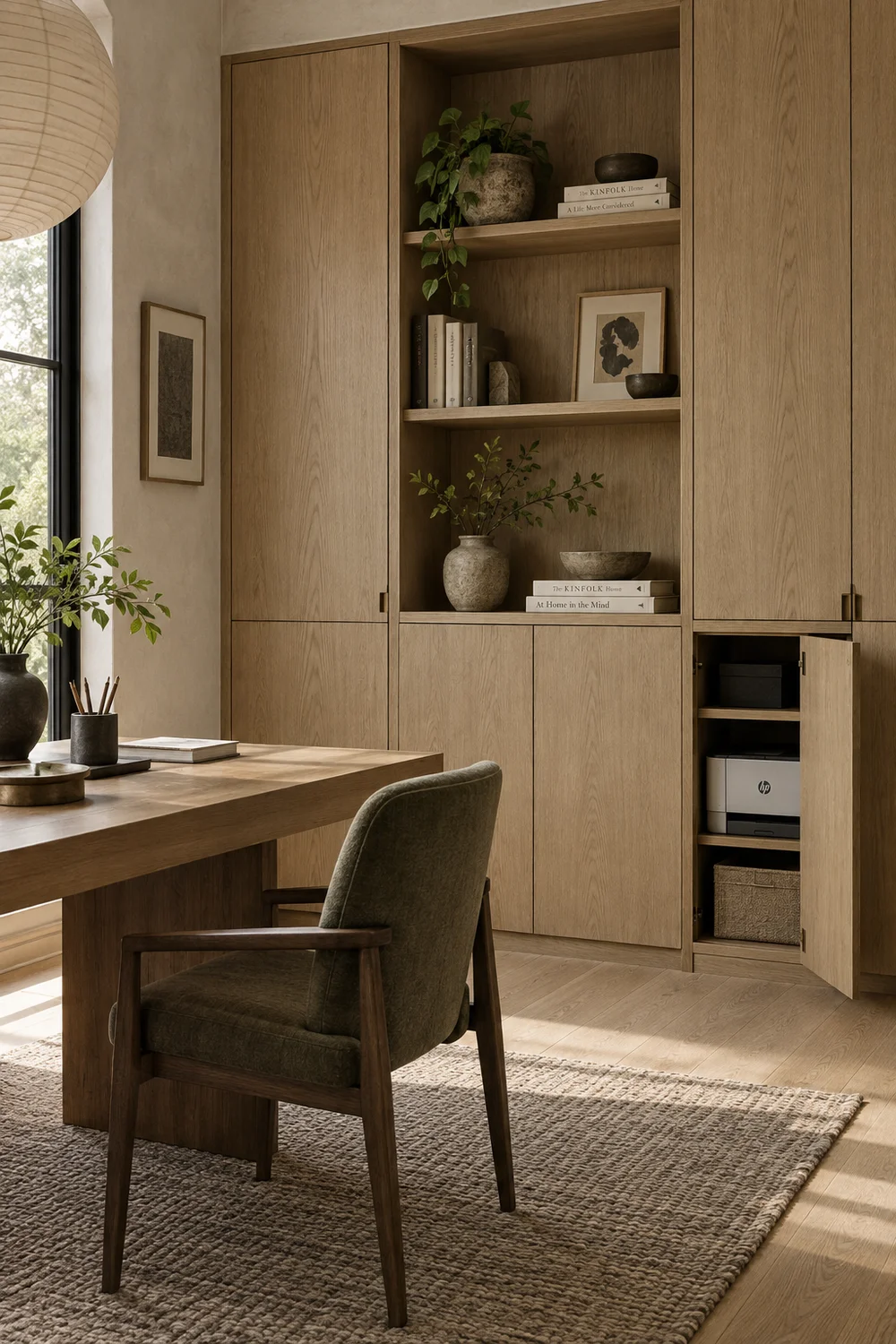 Japandi study storage wall with concealed practical equipment