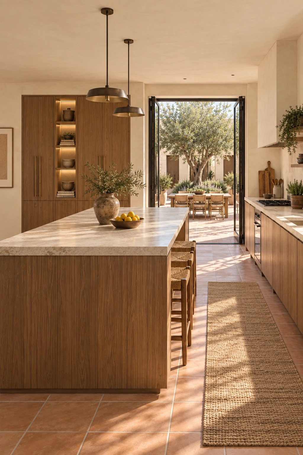Kitchen island with oak cabinetry, pendant lights and a framed garden opening