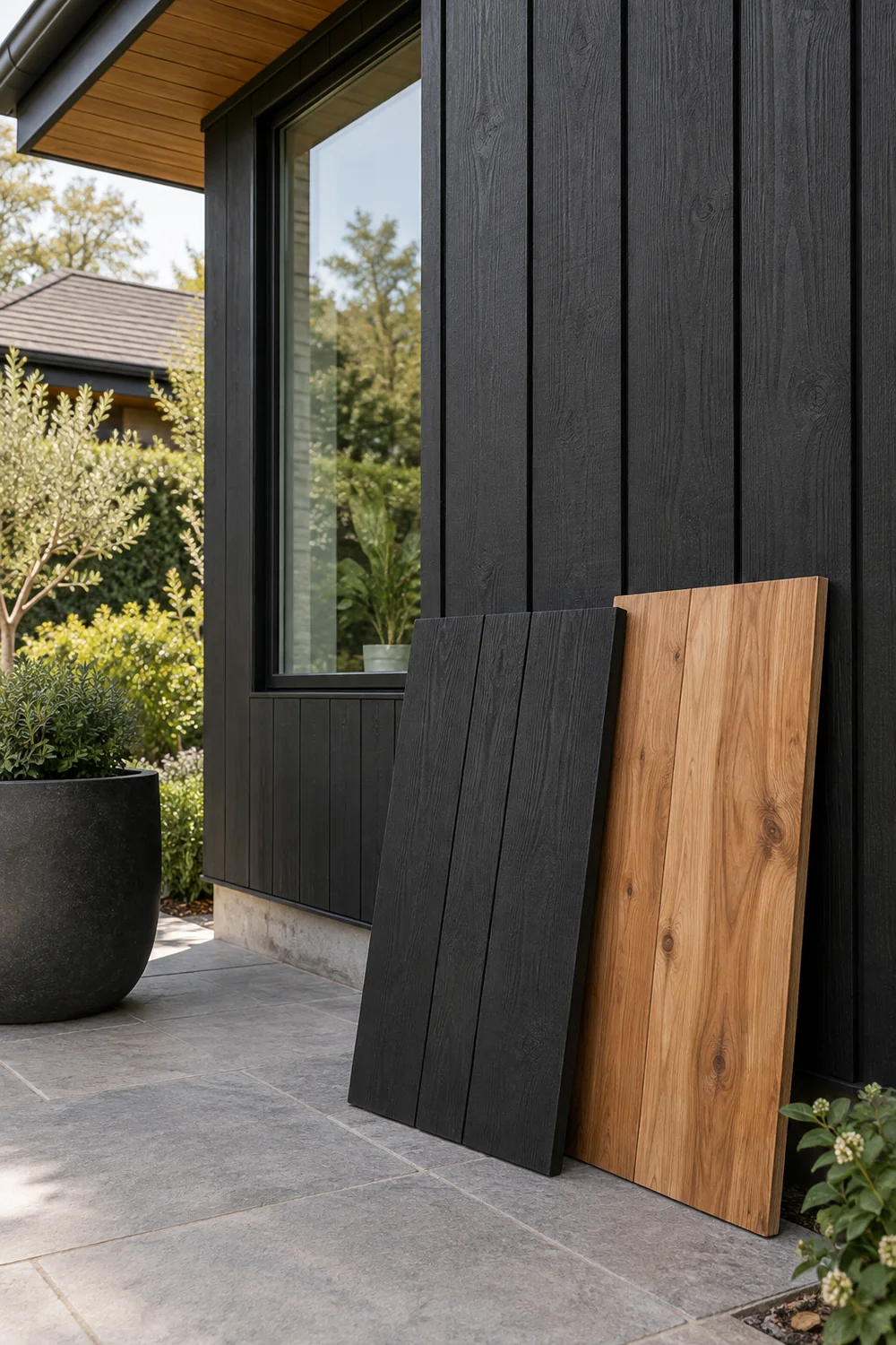 Large black cladding and cedar board samples leaning against an exterior wall in daylight