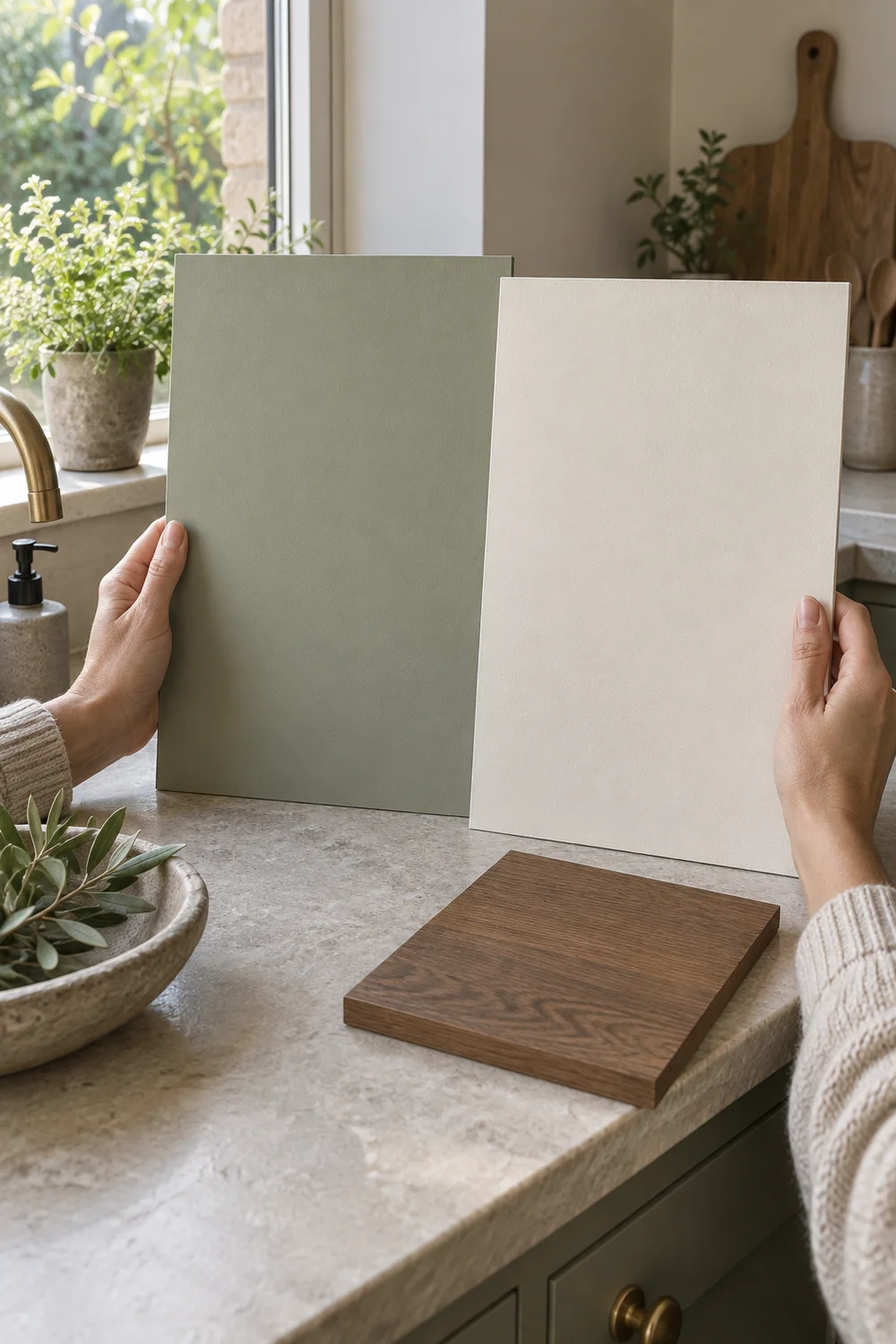 Large sage and warm white paint samples beside a compact kitchen window