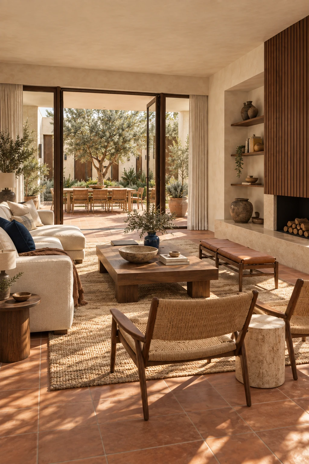Late afternoon sunlight crossing terracotta tiles and low timber furniture in the living room