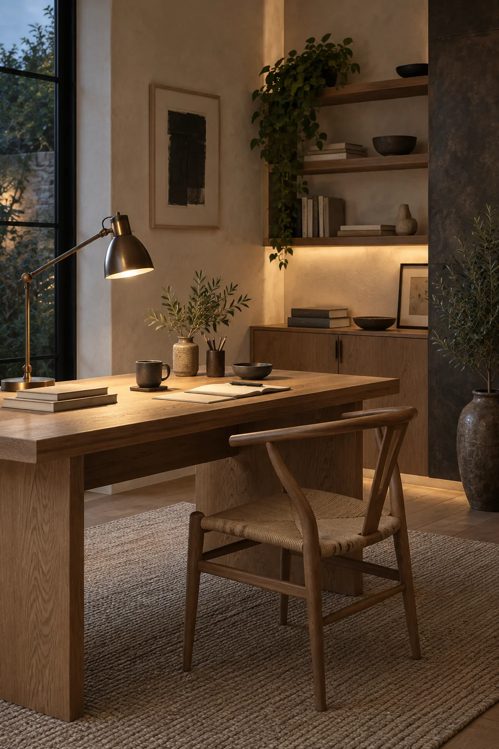 Layered task and ambient lighting in a Japandi home office