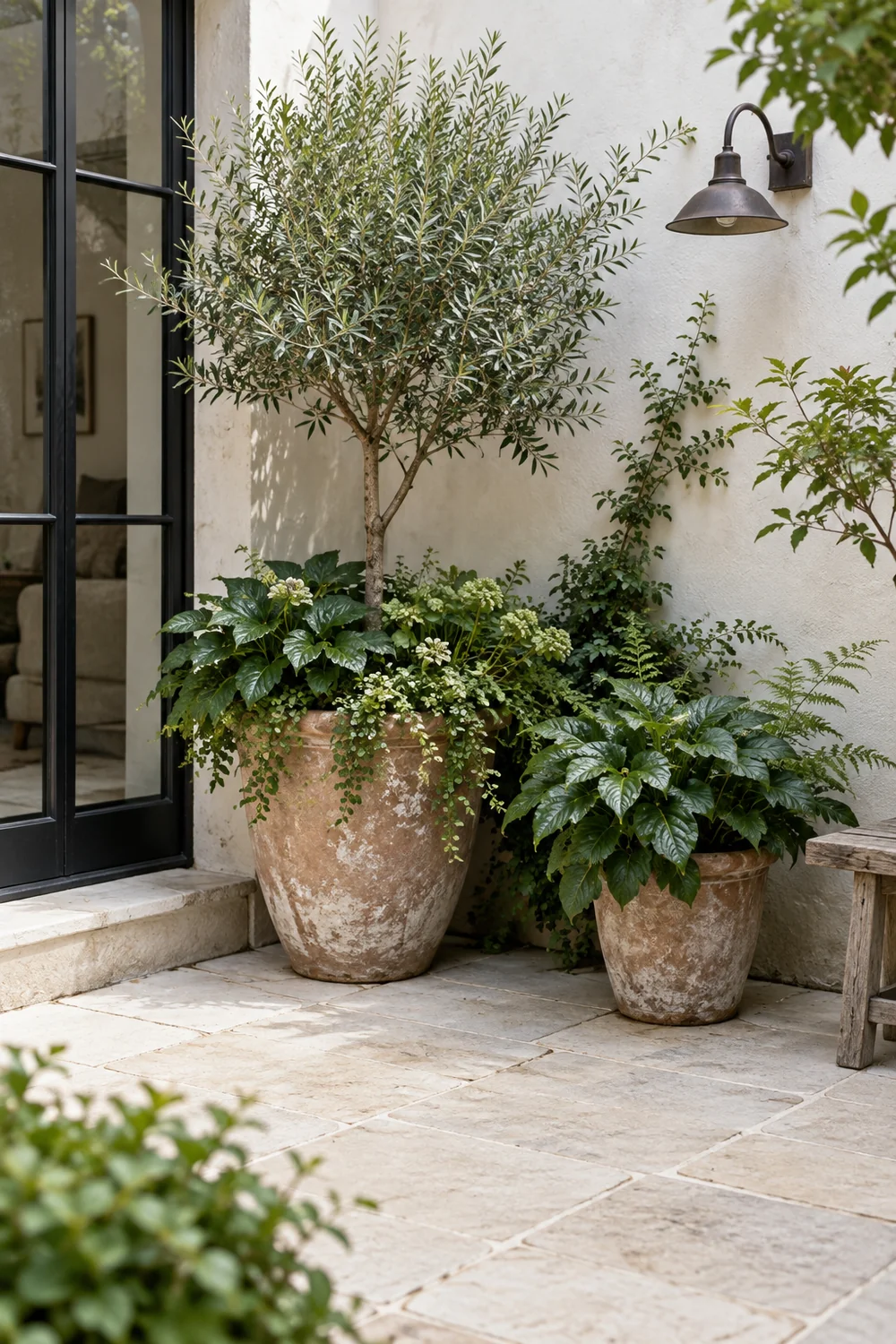 Leafy planters against a bright chalk wall in a small courtyard