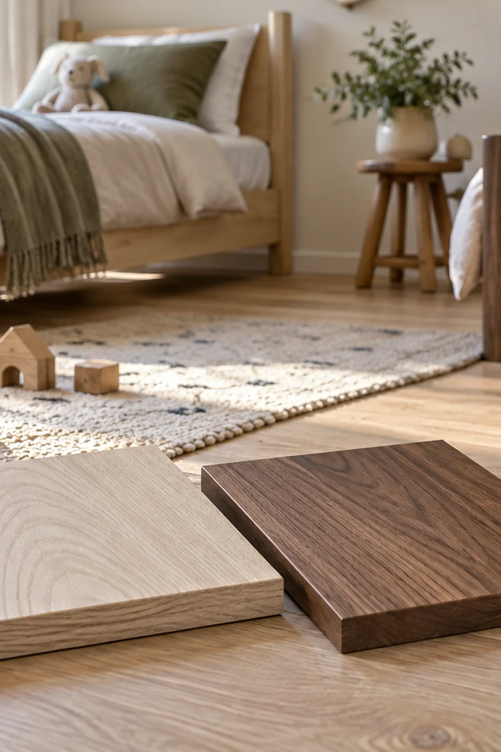 Light and dark timber samples on a shared bedroom floor