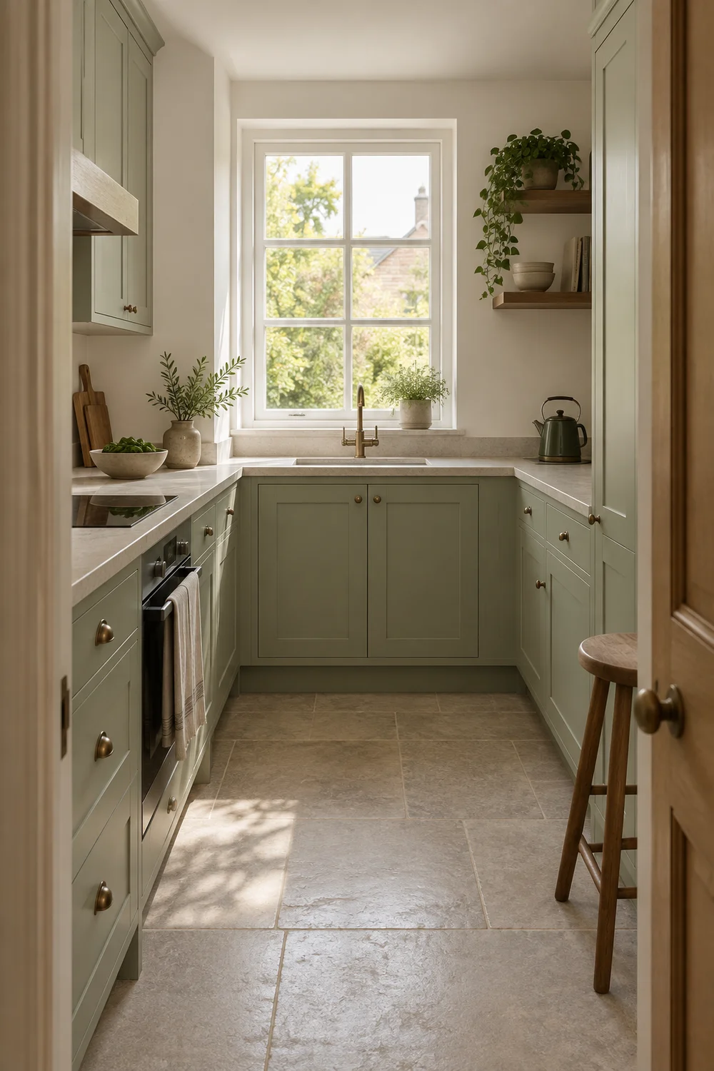 Light sage green cabinets in a compact kitchen with a clear central route
