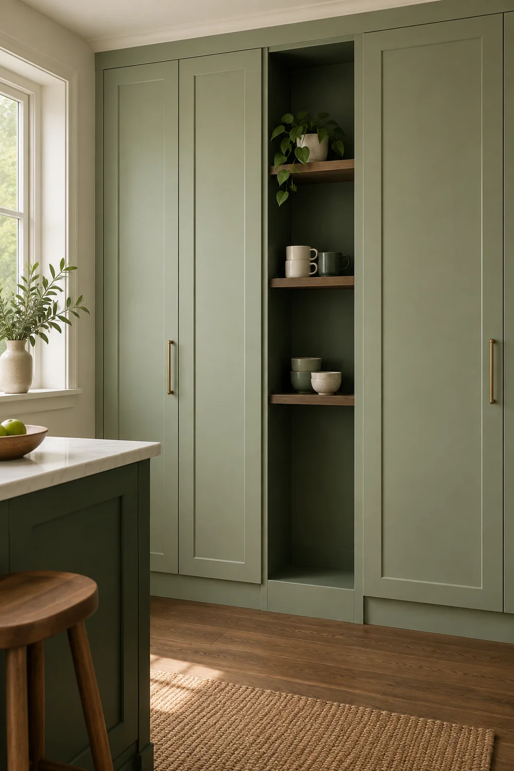 Light sage pantry wall with a deep green painted shelf interior