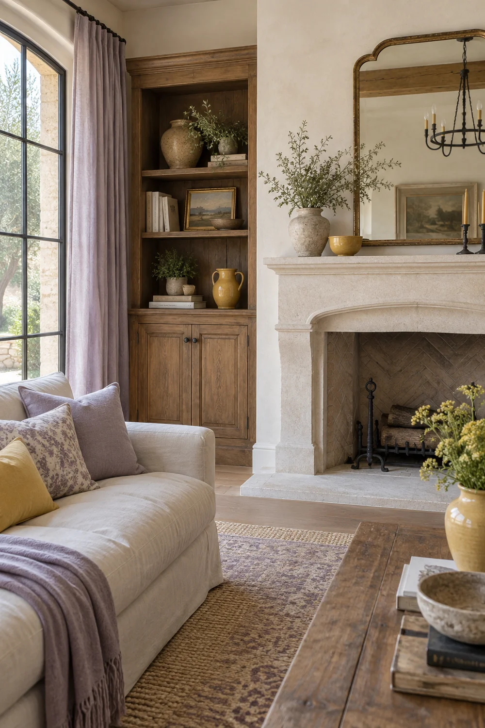 Limestone fireplace with lavender curtains and chestnut cabinet