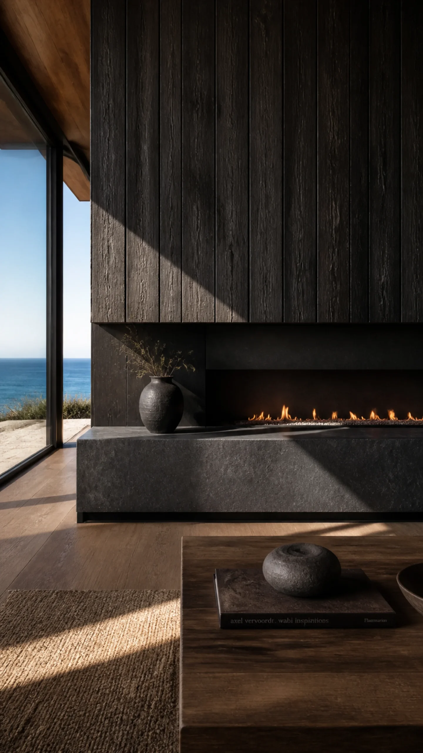Linear fireplace set into dark stone and charred cedar in the coastal living room An original fictional editorial architecture study of material landscape light and spatial view...